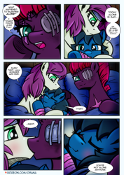 Size: 2480x3508 | Tagged: safe, artist:dsana, derpibooru import, fizzlepop berrytwist, tempest shadow, oc, oc:lullaby dusk, oc:thistledown, earth pony, pegasus, pony, unicorn, comic:a storm's lullaby, bandage, canon x oc, comic, dialogue, eyepatch, family, female, filly, foal, heterochromia, hug, kiss on the lips, kissing, lesbian, mare, scar, shipping, smiling, speech bubble