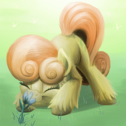 Size: 1080x1080 | Tagged: safe, artist:candy meow, derpibooru import, junebug, earth pony, insect, pony, abstract background, cheek fluff, ear fluff, ears, eyes closed, female, flower, grass, kneeling, leaning, leaning forward, leg fluff, mare, smelling, smiling, solo, unshorn fetlocks