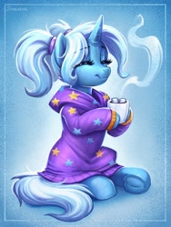 Size: 1200x1600 | Tagged: safe, artist:scheadar, derpibooru import, trixie, pony, unicorn, alternate hairstyle, babysitter trixie, chocolate, clothes, cute, diatrixes, eyebrows, eyes closed, female, food, frog (hoof), holding, hoodie, horn, hot chocolate, mare, marshmallow, pigtails, sitting, solo, twintails, underhoof