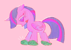 Size: 783x551 | Tagged: safe, artist:shugrcube, derpibooru import, twilight sparkle, twilight sparkle (alicorn), alicorn, pony, crocs, emanata, female, looking down, mare, open mouth, open smile, pink background, simple background, smiling, solo, twilight crockle