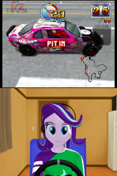 Size: 640x960 | Tagged: safe, artist:ardoplasma41, artist:creatorofpony, derpibooru import, starlight glimmer, equestria girls, 3d, clothes, daytona usa, daytona usa 2, gamer starlight, headphones, mmd, scorpio plasma, shirt, steering wheel, t-shirt, wrecked car