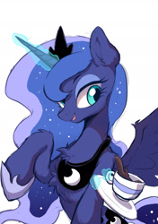 Size: 1535x2185 | Tagged: safe, artist:starbow, derpibooru import, part of a set, princess luna, alicorn, pony, chest fluff, cup, cute, eyebrows, female, fluffy, glowing, glowing horn, horn, levitation, lunabetes, magic, magic aura, mare, raised hoof, raised leg, simple background, solo, spread wings, teacup, telekinesis, white background, wings