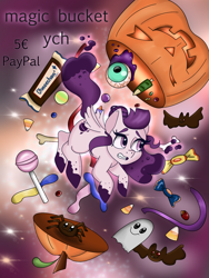 Size: 1620x2160 | Tagged: safe, alternate version, artist:ohneechan, derpibooru import, oc, oc only, oc:space dust, pegasus, candy, candy corn, floating, food, halloween, holiday, jack-o-lantern, lollipop, pegasus oc, pumpkin, watermark, worried, ych example, your character here