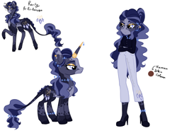 Size: 4000x3000 | Tagged: safe, artist:mushroombuttons1, derpibooru import, rarity, pony, unicorn, equestria girls, alternate design, anklet, blaze (coat marking), blue eyes, body markings, boots, button-up shirt, closed mouth, clothes, coat markings, colored hooves, crossed arms, ear piercing, earring, eyeshadow, facial markings, female, frown, gold eyeshadow, hair bun, high heels, horn, horn jewelry, jewelry, leonine tail, lidded eyes, makeup, mare, necklace, pale belly, pants, piercing, raised hoof, raised leg, redesign, shirt, shoes, simple background, socks (coat marking), solo, standing, tail, tail jewelry, unamused, unshorn fetlocks, white background