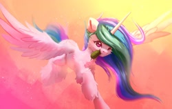 Size: 2663x1678 | Tagged: safe, artist:itssim, derpibooru import, princess celestia, alicorn, cucumber, flying, food, solo, wings