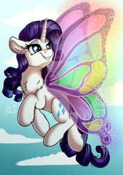 Size: 2894x4093 | Tagged: safe, artist:julunis14, derpibooru import, rarity, pony, unicorn, sonic rainboom (episode), butterfly wings, chest fluff, ear fluff, ears, female, fluffy, flying, gossamer wings, grin, high res, horn, leg fluff, mare, sky, smiling, solo, spread wings, wings