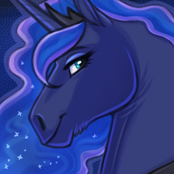 Size: 1000x1000 | Tagged: safe, artist:jenery, derpibooru import, princess luna, alicorn, pony, bust, draft horse, ethereal mane, female, hoers, looking at you, looking sideways, mare, portrait, profile, side view, smiling, smiling at you, solo, starry mane