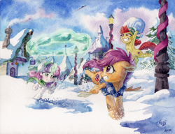 Size: 3289x2520 | Tagged: safe, artist:the-wizard-of-art, derpibooru import, apple bloom, scootaloo, sweetie belle, earth pony, pegasus, pony, unicorn, 2019, chest fluff, christmas, clothes, cutie mark crusaders, ear fluff, earmuffs, ears, female, filly, floppy ears, foal, glowing, glowing horn, grin, gritted teeth, hat, high res, holiday, horn, levitation, looking back, magic, magic aura, old art, outdoors, ponyville, running, scared, scarf, signature, smiling, snow, snowball, snowball fight, spread wings, sweater, teeth, telekinesis, the cmc's cutie marks, traditional art, tree, trio, watercolor painting, wings, winter