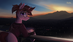 Size: 2200x1254 | Tagged: safe, artist:uliovka, derpibooru import, oc, oc only, oc:basura, unicorn, city, glasses, horn, looking at you, male, mountain, scenery, smiling, smiling at you, stallion, sunset, unicorn oc