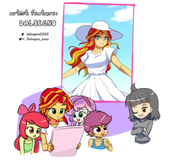 Size: 1226x1168 | Tagged: safe, artist:dalsegno, artist:twilite-sparkleplz, derpibooru import, apple bloom, scootaloo, sunset shimmer, sweetie belle, oc, oc:dalsegno, equestria girls, clothes, cutie mark crusaders, dress, hat, sun hat, sundress, swimsuit