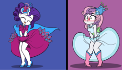 Size: 2366x1358 | Tagged: safe, artist:khuzang, derpibooru import, rarity, sweetie belle, human, equestria girls, boots, clothes, dress, duo, duo female, female, gala dress, high heel boots, shoes, the seven year itch