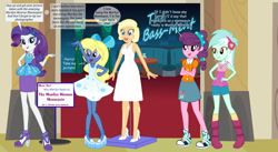 Size: 1024x563 | Tagged: safe, artist:stilleye, derpibooru import, applejack, lyra heartstrings, rarity, sugar belle, oc, oc:azure/sapphire, human, equestria girls, applerack, breasts, clothes, converse, crossdressing, equestria girls-ified, female, femboy, freckles, frozen, genderfluid, group, hand on hip, high heels, male, mannequin, marilyn monroe, pose, quintet, shoes, smiling, text