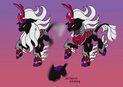 Size: 1414x1000 | Tagged: safe, artist:zetikoopa, derpibooru import, oc, oc only, oc:phantom infinite, kirin, antagonist, armor, gem, gradient background, kirin oc, male, ruby, solo, stallion