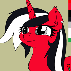 Size: 1080x1080 | Tagged: safe, artist:luxter77, derpibooru import, oc, oc only, oc:rosalia, pony, unicorn, black and white mane, chest fluff, color palette, ear fluff, ear piercing, earring, ears, jewelry, piercing, red coat, solo