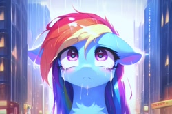 Size: 3072x2048 | Tagged: safe, ai content, derpibooru import, generator:purplesmart.ai, generator:stable diffusion, machine learning generated, rainbow dash, pegasus, pony, adorable face, bust, city, crying, cute, ears, female, floppy ears, frown, looking up, makeup, mare, messy mane, outdoors, prompter:lerkyboy, rain, running makeup, sad, solo, wet, wet mane