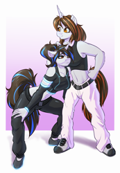 Size: 2432x3512 | Tagged: safe, artist:witchtaunter, derpibooru import, oc, oc only, anthro, plantigrade anthro, unicorn, belly button, clothes, commission, duo, duo female, female, midriff, pants, shoes