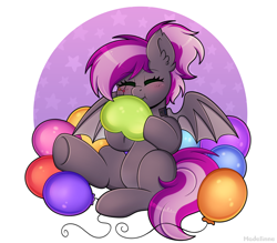 Size: 3200x2800 | Tagged: safe, artist:madelinne, derpibooru import, oc, bat pony, balloon, blowing up balloons, blushing, cute, eyes closed, female, happy, heart, heart balloon, inflating, mare, ponytail, sitting, solo, spread wings, underhoof, wings