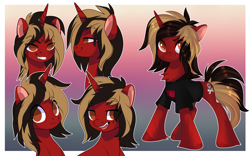 Size: 4000x2500 | Tagged: safe, artist:xvostik, derpibooru import, pony, unicorn, all time low, bust, chest fluff, clothes, commission, dyed mane, dyed tail, eye clipping through hair, eyebrows, eyebrows visible through hair, facial expressions, fangs, gradient background, grin, hair over one eye, horn, jack barakat, lidded eyes, looking at you, male, open mouth, open smile, ponified, shirt, smiling, smug, solo, species swap, stallion, standing, t-shirt, tail, unshorn fetlocks, ych result