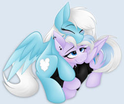 Size: 3464x2916 | Tagged: safe, artist:feather_bloom, derpibooru import, oc, oc:feather_bloom, oc:silver haze(kaitykat), pegasus, pony, blushing, clothes, cuddling, ear piercing, earring, hug, jacket, jewelry, leather, leather jacket, piercing, shading, simple background