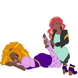 Size: 3072x3072 | Tagged: safe, artist:cryweas, artist:icicle-wicicle-1517, color edit, derpibooru import, edit, adagio dazzle, sunset shimmer, human, collaboration, alternate hairstyle, barefoot, belt, boots, clothes, colored, dark skin, discarded clothing, dress, duo, feet, female, fetish, fingerless gloves, foot fetish, gloves, hairband, high heel boots, humanized, jacket, kneeling, leather, leather jacket, lesbian, lying down, one eye closed, open mouth, prone, ripped stockings, shipping, shoes, shoes removed, shorts, simple background, socks, soles, stockings, sunsagio, thigh highs, tickle torture, tickling, toes, torn clothes, torn socks, transparent background