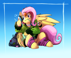 Size: 1280x1042 | Tagged: safe, artist:shevr, derpibooru import, fluttershy, pegasus, pony, g4, antonymph, bag, clothes, dyed mane, female, fluttgirshy, food, gir, gradient background, headphones, hoodie, leg warmers, nyan cat, pocky, pride, pride flag, solo, transgender, transgender pride flag, vylet pony