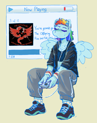 Size: 1457x1847 | Tagged: safe, artist:shevr, derpibooru import, rainbow dash, anthro, pegasus, plantigrade anthro, pony, album cover, alternate hairstyle, clothes, earbuds, jacket, music, music player, pants, ponified, ponified album cover, shoes, simple background, solo, species swap, sweat, sweatpants, the offspring, workout outfit, yellow background, you're gonna go far kid