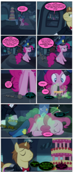 Size: 868x2046 | Tagged: safe, artist:dziadek1990, derpibooru import, edit, edited screencap, screencap, pinkie pie, queen chrysalis, earth pony, pony, mmmystery on the friendship express, bait and switch, cake, comic, conversation, dialogue, disguise, disguised changeling, female, food, indoors, male, mare, marzipan mascarpone meringue madness, screencap comic, stallion, text, train