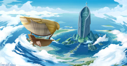Size: 3100x1600 | Tagged: safe, artist:emeraldgalaxy, derpibooru import, my little pony: the movie, airship, celaeno's airship, cloud, flying, high res, mount aris, no pony, ocean, pirate ship, scenery, signature, sky, water