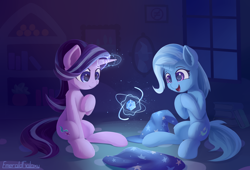 Size: 2800x1900 | Tagged: safe, artist:emeraldgalaxy, derpibooru import, starlight glimmer, trixie, pony, unicorn, brooch, cape, clasp, clothes, duo, duo female, eyebrows, female, gem, glowing, glowing horn, hat, high res, horn, indoors, jewelry, magic, magic aura, mare, open mouth, open smile, signature, sitting, smiling, trixie's brooch, trixie's cape, trixie's hat, wizard hat