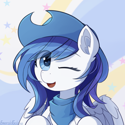 Size: 2000x2000 | Tagged: safe, artist:emeraldgalaxy, derpibooru import, oc, oc only, pegasus, pony, 2021, bust, commission, ear fluff, ears, eye clipping through hair, eyebrows, eyebrows visible through hair, hat, high res, looking at you, old art, one eye closed, open mouth, open smile, pegasus oc, signature, smiling, smiling at you, solo, wings, wink, winking at you