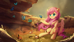 Size: 2800x1575 | Tagged: safe, artist:emeraldgalaxy, derpibooru import, fluttershy, bird, butterfly, pegasus, pony, cute, eye clipping through hair, eyebrows, eyebrows visible through hair, female, frog (hoof), high res, hoofbutt, mare, outdoors, partially open wings, shyabetes, signature, sitting, smiling, solo, underhoof, wings