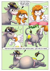 Size: 2894x4093 | Tagged: safe, artist:doomfister, artist:shoelace, derpibooru import, oc, oc:bug-zapper, oc:buzzy brew, cow, pegasus, pony, blushing, butt, comic, eaten alive, oral vore, plot, same size vore, story in the source, udder, vore