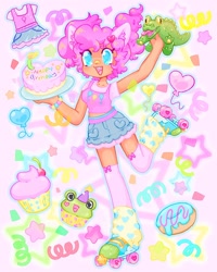 Size: 1440x1800 | Tagged: safe, artist:ibbledribble, derpibooru import, gummy, pinkie pie, alligator, human, alternate versions at source, cake, cupcake, food, humanized, roller skates, skates, solo, tan skin