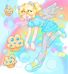 Size: 1440x1574 | Tagged: safe, artist:ibbledribble, derpibooru import, derpy hooves, human, g4, clothes, eared humanization, food, humanized, light skin, muffin, socks, solo, thigh highs, winged humanization, wings