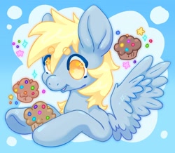 Size: 1440x1253 | Tagged: safe, artist:ibbledribble, derpibooru import, derpy hooves, pegasus, pony, g4, bust, food, muffin, solo, spread wings, wings