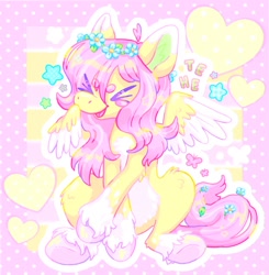 Size: 2003x2048 | Tagged: safe, artist:ibbledribble, derpibooru import, fluttershy, pegasus, pony, g4, alternate design, chest fluff, floral head wreath, flower, solo, unshorn fetlocks