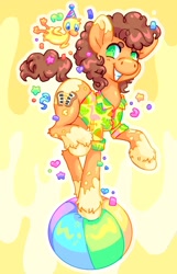 Size: 1322x2048 | Tagged: safe, artist:ibbledribble, derpibooru import, boneless, cheese sandwich, earth pony, pony, g4, alternate design, balancing, ball, beach ball, clothes, coat markings, confetti, cute, diacheeses, hawaiian shirt, male, shirt, solo, stallion, unshorn fetlocks