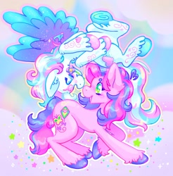 Size: 2014x2048 | Tagged: safe, artist:ibbledribble, derpibooru import, skywishes, star catcher, earth pony, pegasus, pony, g3, blushing, duo, female, flower, flower in mouth, lesbian, looking at each other, looking at someone, mouth hold, shipping, skycatcher