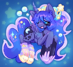 Size: 2048x1881 | Tagged: safe, artist:ibbledribble, derpibooru import, princess luna, alicorn, pony, g4, :p, clothes, curved horn, ear fluff, ears, horn, sleepy, slippers, socks, solo, tongue, tongue out