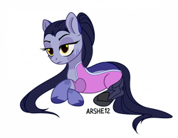 Size: 1920x1497 | Tagged: safe, artist:arshe12, derpibooru import, earth pony, pony, armor, bodysuit, boots, clothes, coat markings, female, lying down, mare, overalls, overwatch, ponified, prone, shoes, simple background, solo, species swap, transparent background, unshorn fetlocks, widowmaker