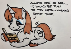 Size: 2048x1415 | Tagged: safe, artist:hoofclid, derpibooru import, oc, oc only, oc:hoofclid, pony, unicorn, book, dialogue, lying down, male, prone, reading, solo, stallion, traditional art