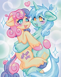 Size: 1440x1800 | Tagged: safe, artist:ibbledribble, derpibooru import, bon bon, lyra heartstrings, sweetie drops, earth pony, pony, unicorn, blushing, duo, ear fluff, ears, female, heart, hug, lesbian, looking at each other, looking at someone, lyrabon, shipping