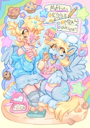 Size: 1448x2048 | Tagged: safe, artist:ibbledribble, derpibooru import, derpy hooves, human, pegasus, pony, bandaid, bandaid on nose, batter, cake batter, clothes, duo, egg (food), flour, food, hairclip, humanized, muffin, paper, pencil, socks, spoon, thigh highs, wooden spoon