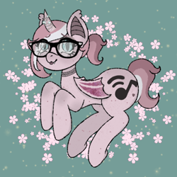 Size: 1000x1000 | Tagged: safe, artist:sillybugdrawz, derpibooru import, oc, oc:marshmallow, bat pony, crystal pony, art trade, background, choker, crystal horn, crystal wings, cute, freckles, glasses, horn, ponytail, thick, wings