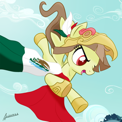 Size: 1080x1080 | Tagged: safe, artist:archooves, derpibooru import, oc, oc:tailcoatl, pegasus, pony, aztec, flag, helmet, jumping, mexican, mexican flag, mexico, nation ponies, national flag, ponified, solo, species swap, wings