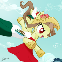 Size: 1080x1080 | Tagged: safe, artist:archooves, derpibooru import, oc, oc:tailcoatl, pegasus, pony, aztec, flag, helmet, jumping, mexican, mexican flag, mexico, nation ponies, national flag, north america, ponified, solo, species swap, wings