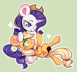 Size: 2048x1898 | Tagged: safe, artist:uni_pone, derpibooru import, applejack, rarity, earth pony, pony, unicorn, accessory theft, applejack's hat, clothes, cowboy hat, cute, female, hat, heart, jackabetes, lesbian, lesbian applejack, lesbian rarity, looking at each other, looking at someone, lying down, on back, raribetes, rarijack, shipping