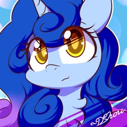 Size: 500x500 | Tagged: safe, artist:dshou, derpibooru import, oc, oc only, oc:starlit pearl, pony, unicorn, bust, chest fluff, eye clipping through hair, looking up, portrait, solo, wavy mouth