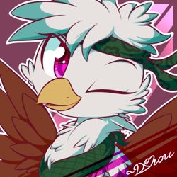 Size: 500x500 | Tagged: safe, artist:dshou, derpibooru import, oc, oc only, griffon, bandana, bust, looking at you, one eye closed, pink eyes, portrait, solo, spread wings, wings, wink