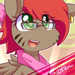 Size: 500x500 | Tagged: safe, artist:dshou, derpibooru import, oc, oc only, oc:bwae, pegasus, pony, bow, bust, clothes, ear piercing, glasses, open mouth, open smile, piercing, portrait, scarf, smiling, solo, stripes